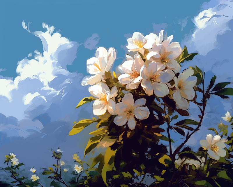 小清新户外蓝天下盛开的花朵油画图,插画/手绘图,插画/手绘图库,插画/手绘图下载,插画/手绘